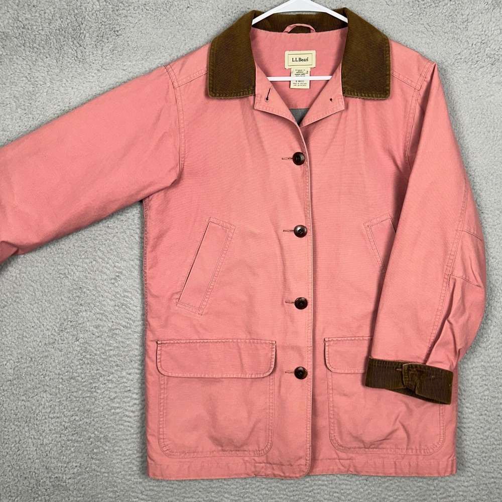 L.L. Bean Field Jacket Womens Medium Barn Chore Coat Pink Corduroy Trim Collared